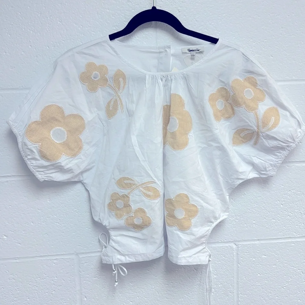 Madewell White and Yellow Crop Blouse with Puff Sleeves and Tie Front